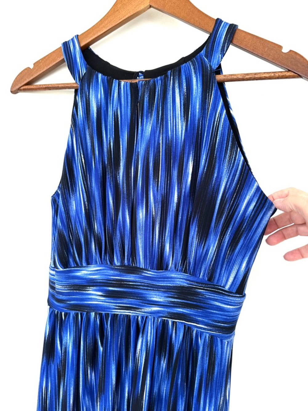Saks Fifth Avenue “Black” Blue & Black Striped Halter Dress, Maxi, Stretch Knit - Picture 4 of 13